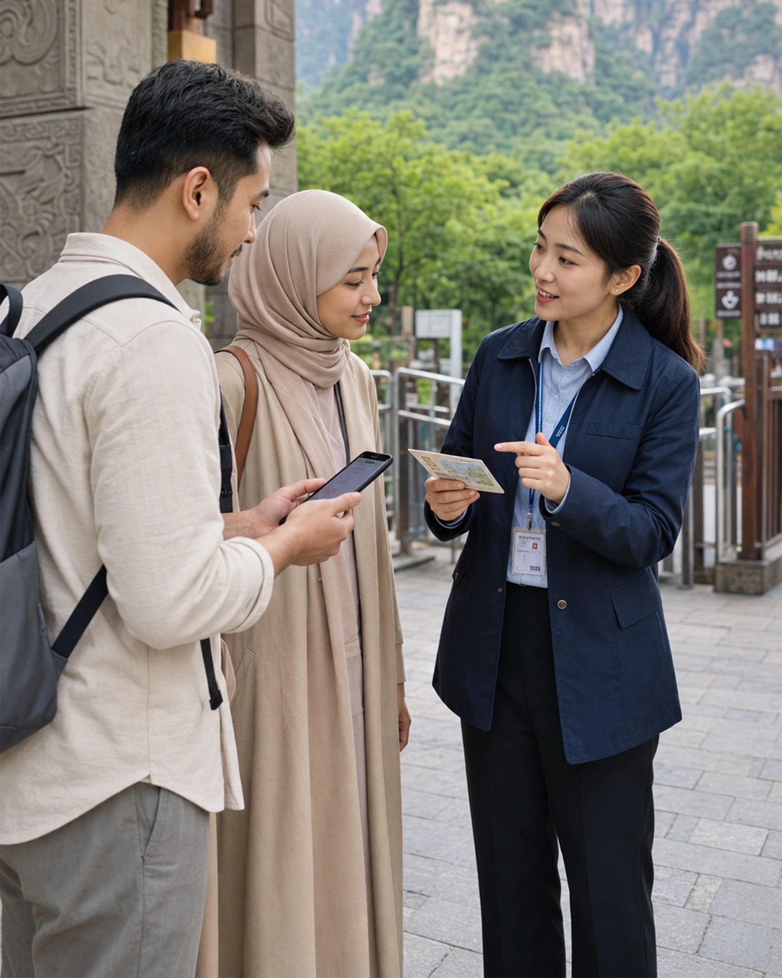 Pemandu wanita berbahasa Inggris membahas rencana hari itu bersama wisatawan berhijab di Zhangjiajie