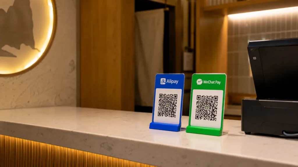 Papan pembayaran QR Alipay dan WeChat Pay di meja kasir restoran di China