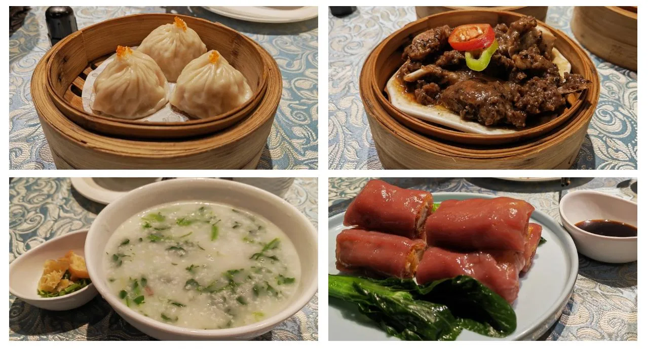 Sajian dim sum Kanton halal dengan dumpling sapi kukus, iga sapi, bubur, dan rice roll