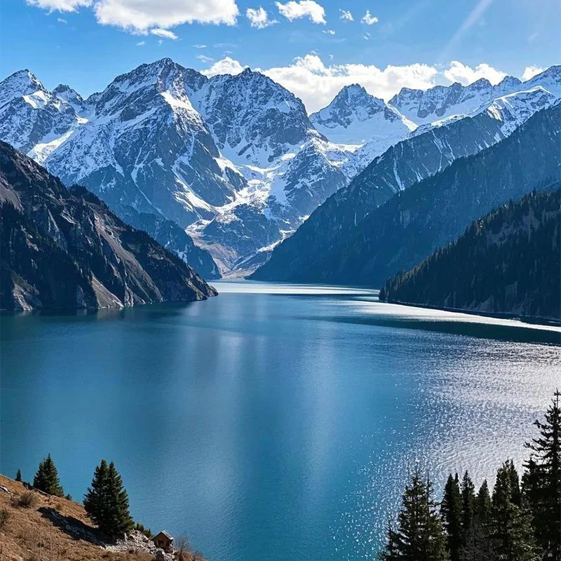 Air pegunungan dan puncak bersalju Tianshan di Danau Surga dekat Urumqi