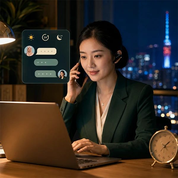 Spesialis layanan perjalanan menjawab panggilan tamu dengan pesan chat di layar