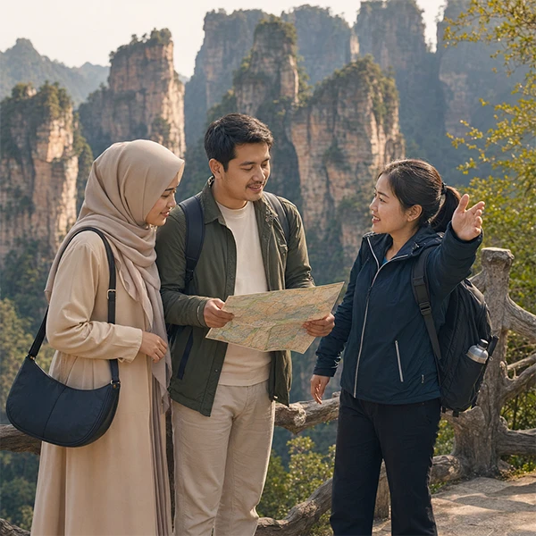 Pasangan Muslim meninjau rute pemandangan bersama pemandu lokal di Zhangjiajie