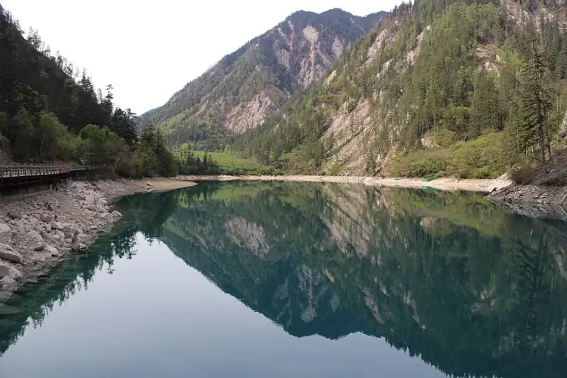 Danau biru kehijauan dikelilingi hutan di Taman Nasional Jiuzhaigou