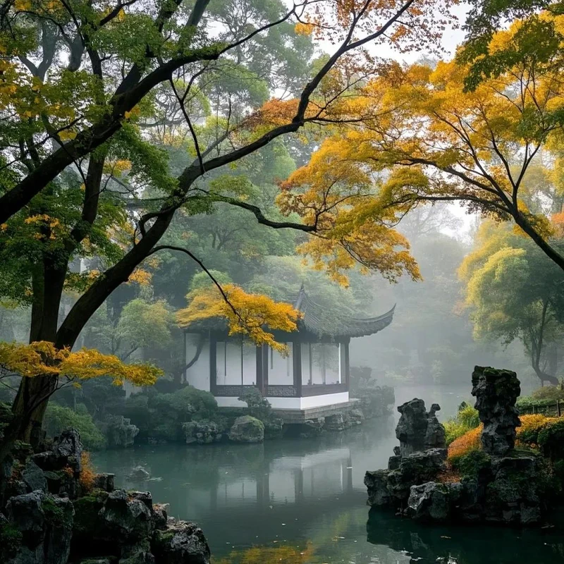 Koridor klasik, taman batu, dan arsitektur taman di Taman Liuyuan, Suzhou