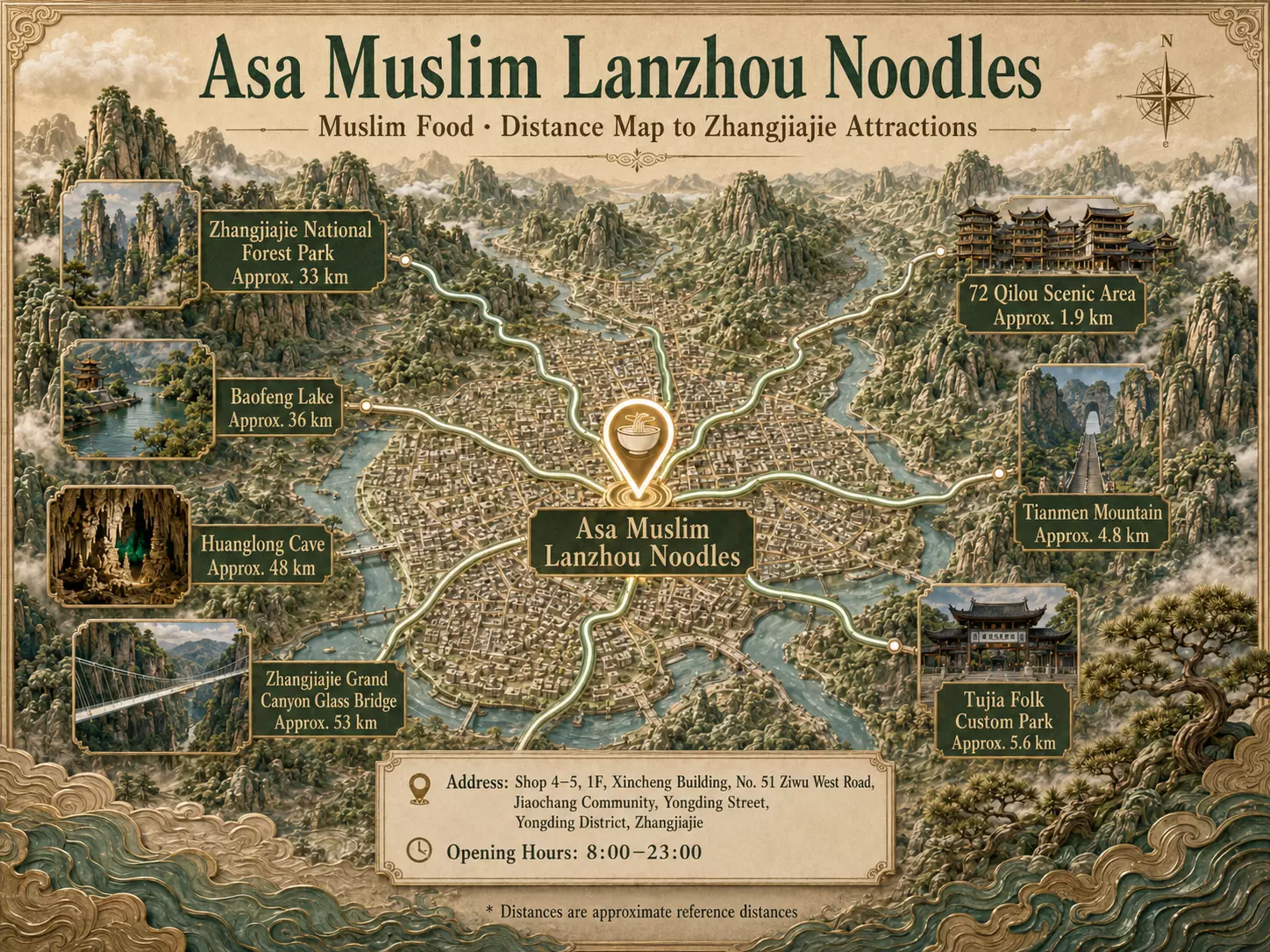 Peta jarak Asa Halal Lanzhou Noodles Zhangjiajie ke objek-objek wisata terdekat