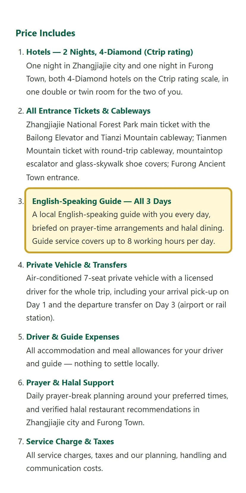 Bagian Price Includes dari penawaran tour China yang asli dengan baris pemandu berbahasa Inggris disorot, mencantumkan layanan pemandu mencakup hingga 8 jam kerja per hari