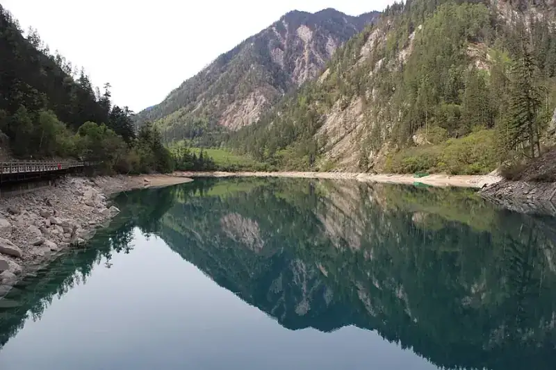 Danau biru kehijauan dikelilingi hutan di Taman Nasional Jiuzhaigou