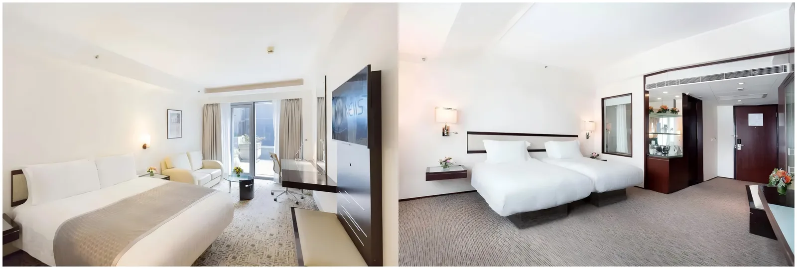 Perbandingan berdampingan antara king room dengan satu tempat tidur besar dan twin room dengan dua tempat tidur single di sebuah hotel di China