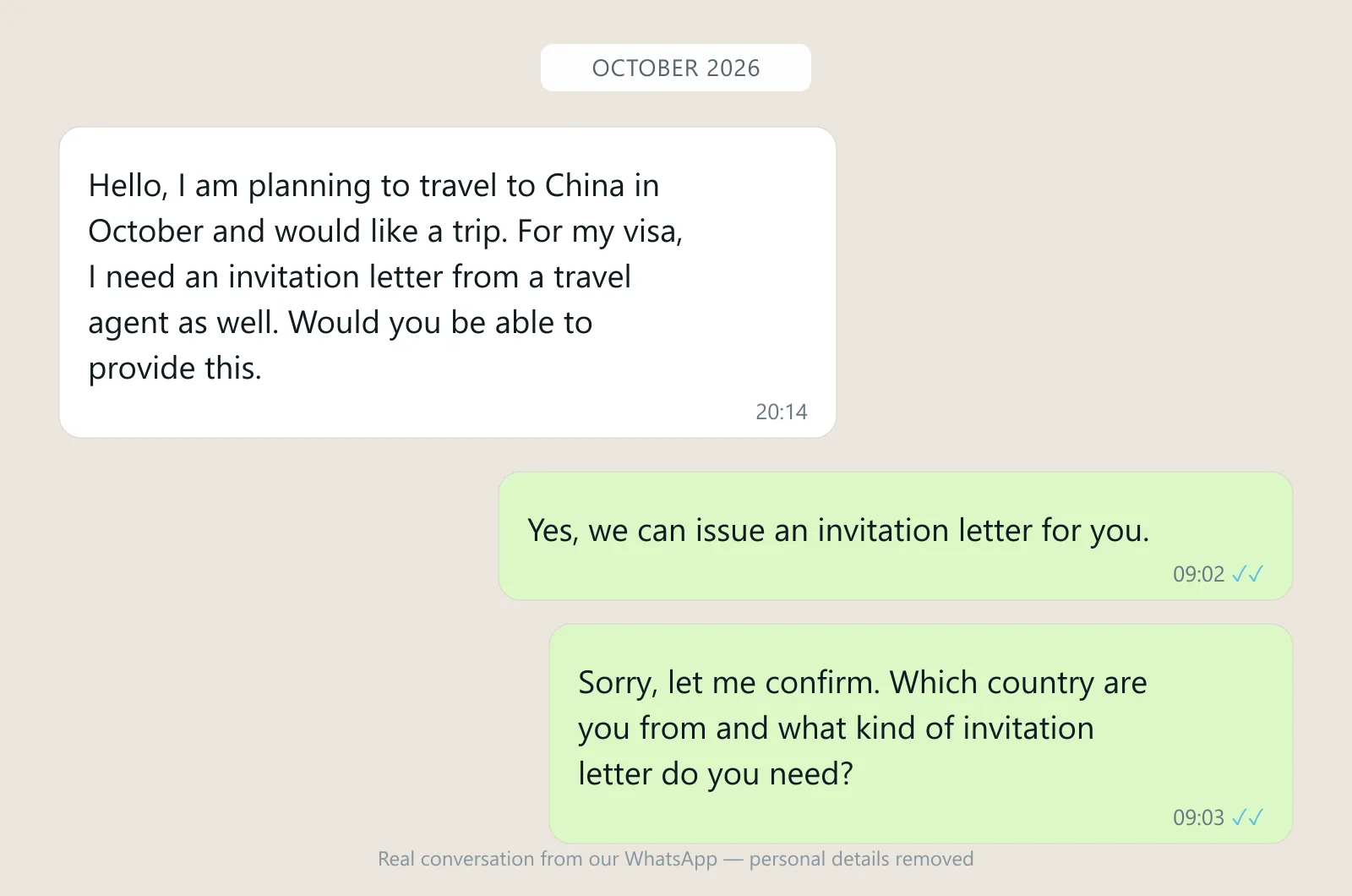Percakapan WhatsApp saat seorang wisatawan menanyakan surat undangan visa kepada travel agent di China dan agen mengonfirmasi lalu menanyakan kewarganegaraannya