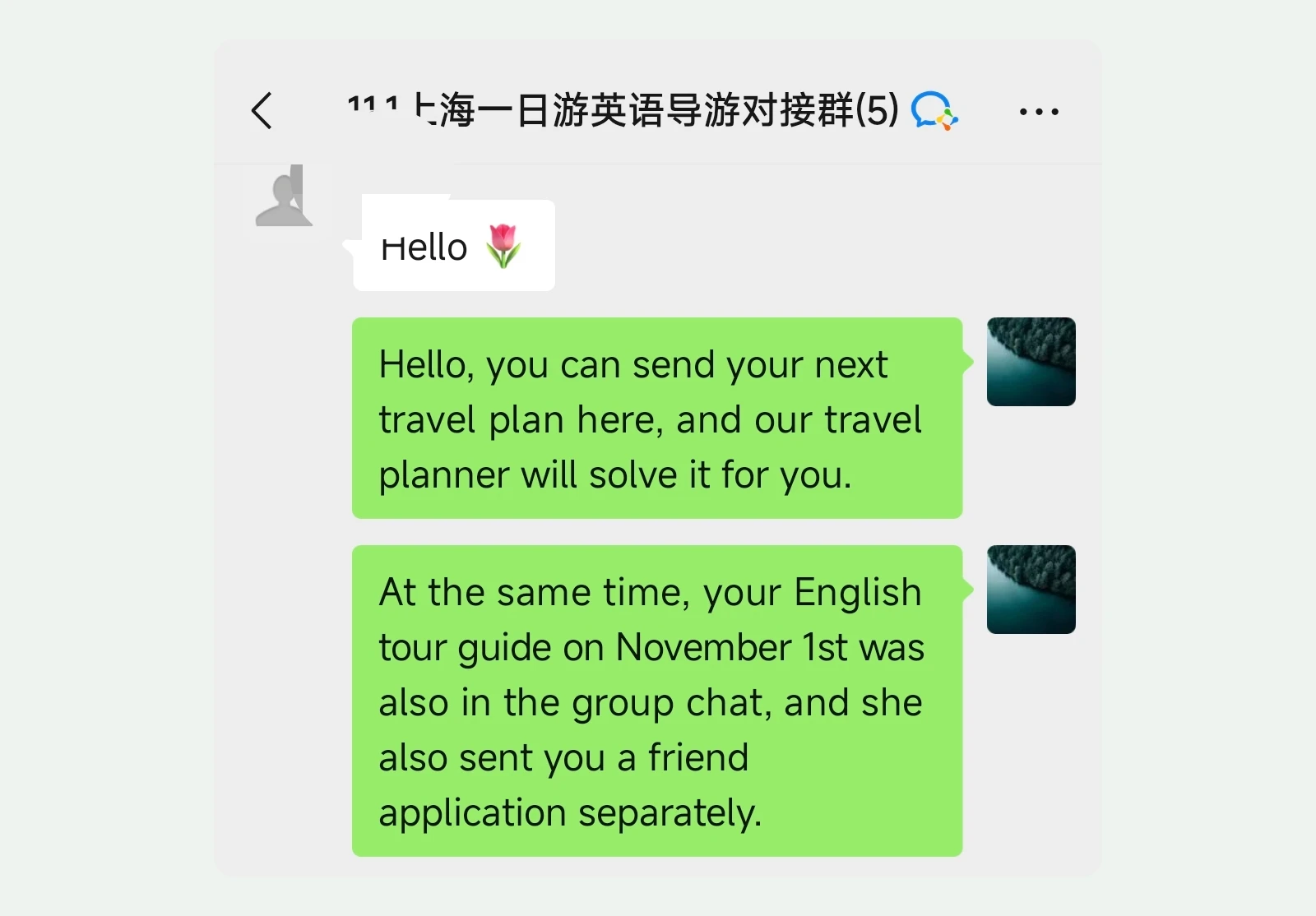 Grup WeChat yang dibuat sebelum hari tur berpemandu di Shanghai, tempat tim kami memberi tahu tamu bahwa pemandu berbahasa Inggris sudah bergabung dan mengirim permintaan pertemanan
