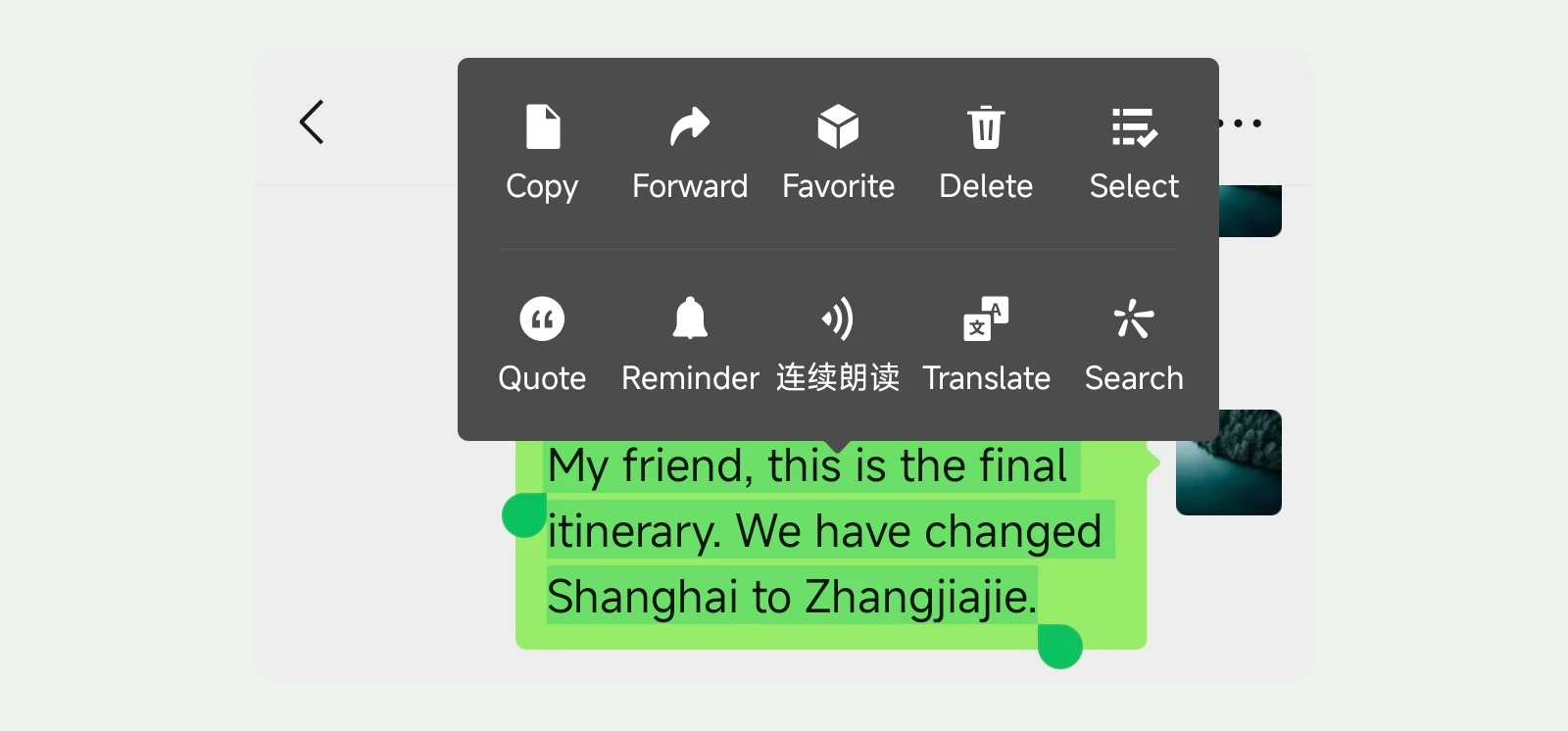 Menekan lama sebuah pesan di WeChat membuka menu yang berisi opsi Translate